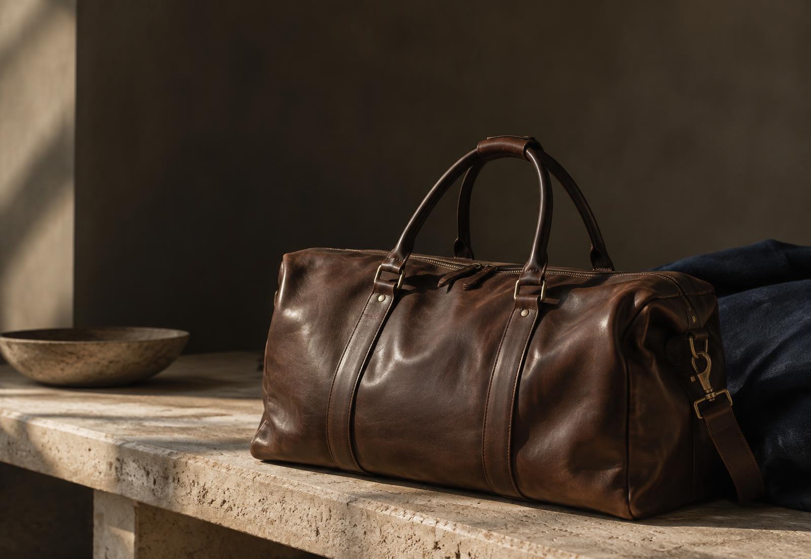 Full-grain leather travel bag on a stone bench